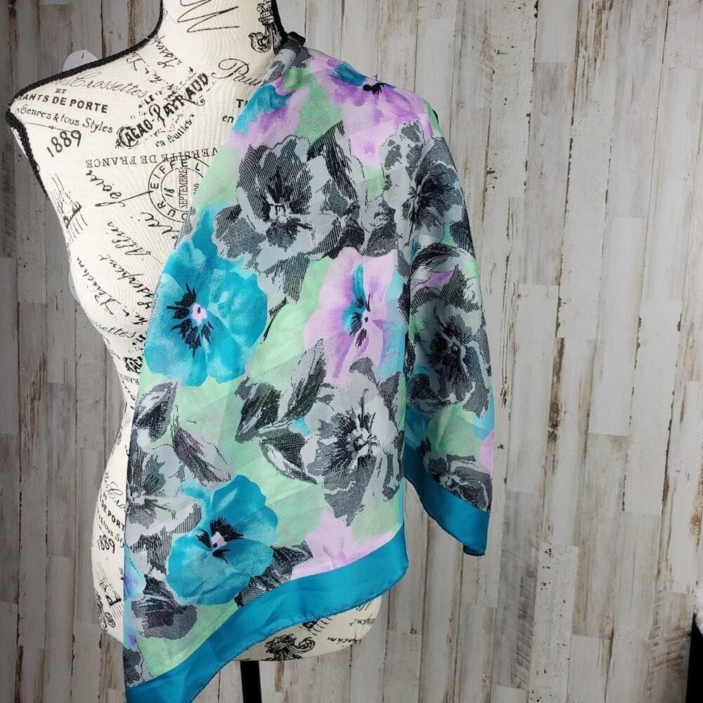 Vintage Berkshire Floral Square Italian Scarf Blue Pink